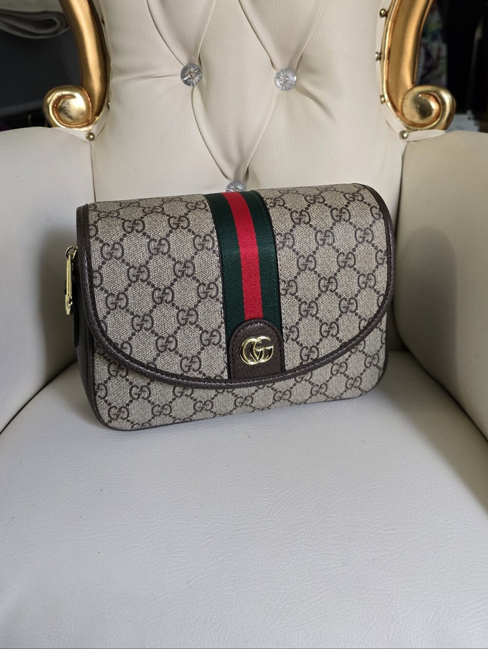Supre Canvas Crossbody Bag in Beige/Brown w/Web Stripe - Picture 7 of 12
